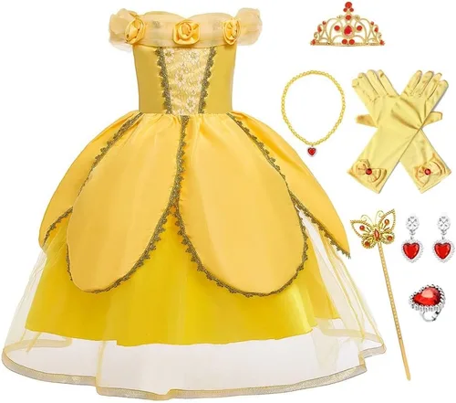 Vista 22 de FMYFWY Disfraz de princesa de Bella para niñas, disfraz de belleza y bestia, Halloween, Navidad, boda, cumpleaños (accesorios)