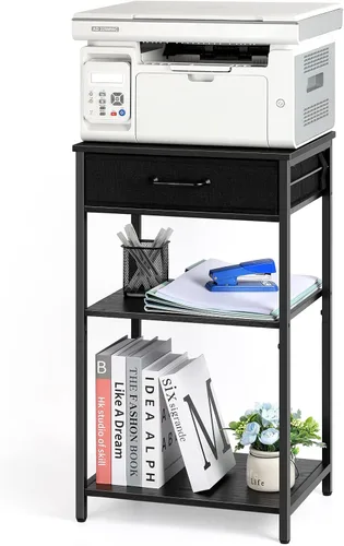 Vista 8 de Soporte de impresora de 3 niveles debajo del escritorio, mesa de impresora pequeña con cajones de almacenamiento, estante de impresora de madera