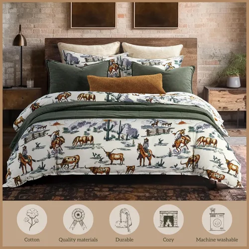 Vista 6 de Paseo Road Ranch Life Western Bedding, Juego de edredón de 2 piezas tamaño Twin de algodón, juego de edredón occidental con estampado de caballo