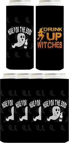Vista 19 de Decoración espeluznante de Halloween Bebe brujas aquí para los abucheos 2 caras Paquete de 2 termoenfriadores ultra delgados para latas
