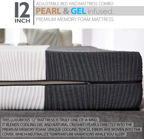 Vista 4 de Blissful Nights Ananda - Colchón de espuma viscoelástica con infusión de perlas y gel frío de 12 pulgadas con base de cama ajustable de primera