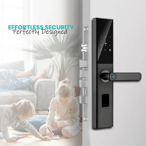 Vista 4 de Cerradura de puerta inteligente con huella digital y teclado, cerrojo electrónico de entrada sin llave, control de aplicación Tuya, código