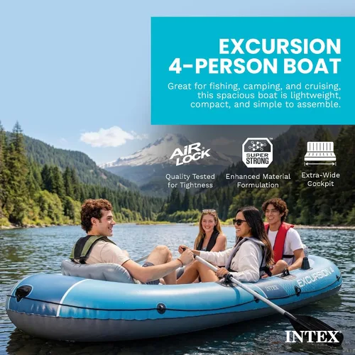 Vista 2 de INTEX Excursión 4-persona inflable barco de pesca río balsa conjunto con Azul