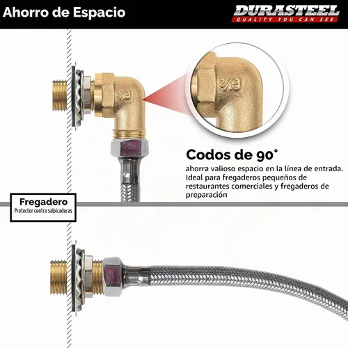 Vista 2 de DuraSteel Grifo de Montaje en Pared Codo de 90 Grados - Grifo de Cocina Comercial Kit de Protección contra Salpicaduras que Ahorra Espacio