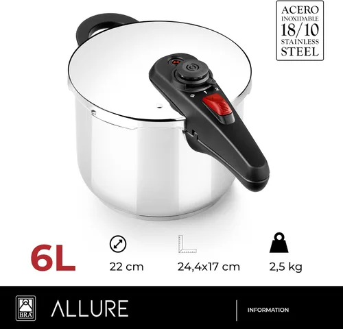 Vista 2 de BRA Allure - Olla a presión rápida de 6 litros de acero inoxidable, apta para todas las cocinas, incluyendo inducción [exclusiva de Amazon]