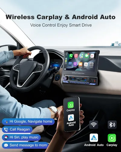 Vista 3 de Estéreo de auto de un solo DIN 2025 con Apple CarPlay y Android Auto - Radio de coche Bluetooth 5.1 de 7 pulgadas con pantalla táctil motorizada