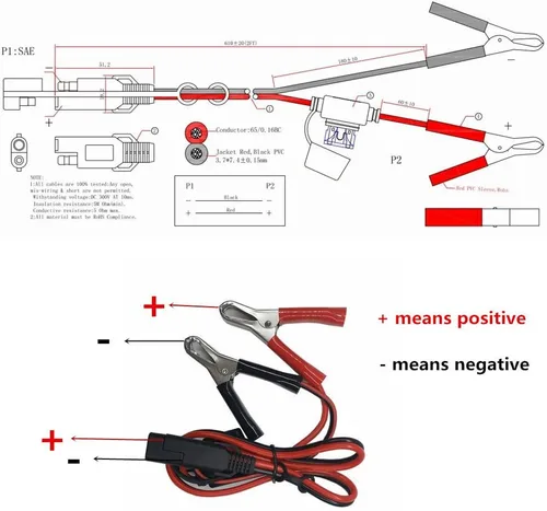 Vista 5 de Clips SAE a Cocodrilo – Abrazadera de cargador de batería de 2 pies, cable de extensión de cargador de goteo de 12 V-24 V, cable de extensión