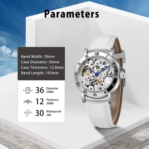 Vista 4 de Relojes para mujer, reloj mecánico automático de cuerda automática para mujer, reloj de pulsera Steampunk con correa de reloj de cuero genuino