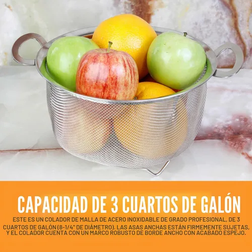 Vista 5 de Colador de acero inoxidable U.S. Kitchen Supply con malla de 3 cuartos de galón, tipo canastilla con un amplio borde, pies de apoyo y asas