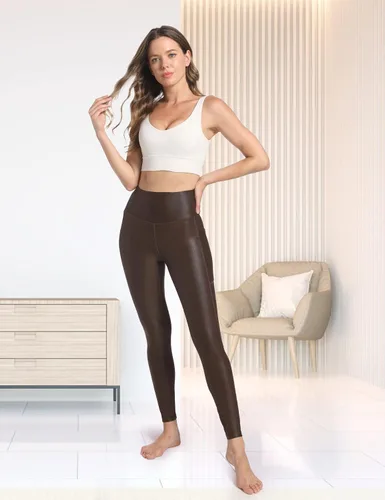 Vista 5 de HARTPOR Leggings de piel sintética para mujer, pantalones de yoga elásticos de cintura alta, pantalones de piel sintética con bolsillos