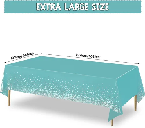 Vista 2 de Breling Mantel rectangular desechable de plástico con diseño de lunares color verde azulado y plateado, para cumpleaños, boda, baby shower