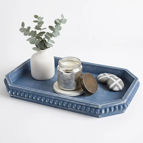Vista 13 de Hrastany Bandeja de servir rústica de madera con cuentas, bandeja decorativa de granja marrón para centro de mesa, decoración navideña de boda