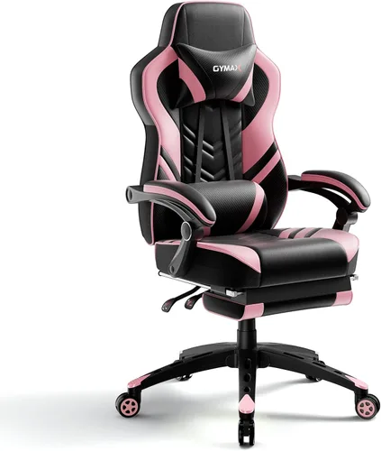 Vista 11 de POWERSTONE Silla de videojuegos con reposapiés y soporte lumbar, estilo carreras, piel sintética, ergonómica, ajustable, giratoria, color negro