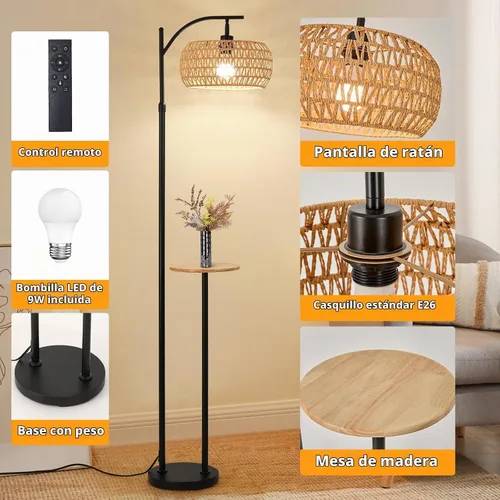 Vista 4 de Lámpara de pie bohemia con estante de madera, bombilla inteligente regulable de 9 W incluida, lámpara de pie con control remoto con mesa, lámpara