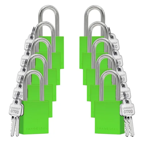 Vista 10 de TRADESAFE Juego de cerraduras de bloqueo y etiquetado – 10 cerraduras de aluminio azul, candados de bloqueo con llave igual, 2 llaves por candado