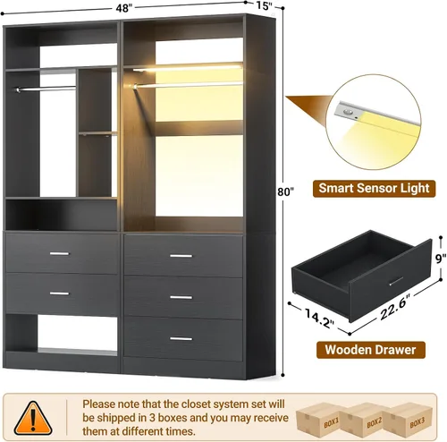 Vista 7 de Besiost Sistemas de armario de 4 pies con sensor de luz 3CCT, sistema organizador de armario de 48 pulgadas con 5 cajones de madera, 2 varillas