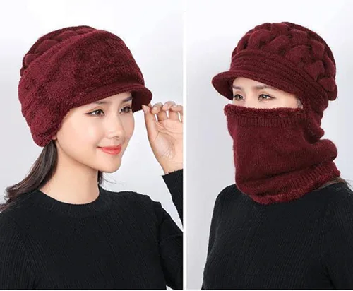 Vista 3 de Bufanda de punto para mujer cálida elástica suave con protección de las orejas gorro con forro polar gorro de una pieza