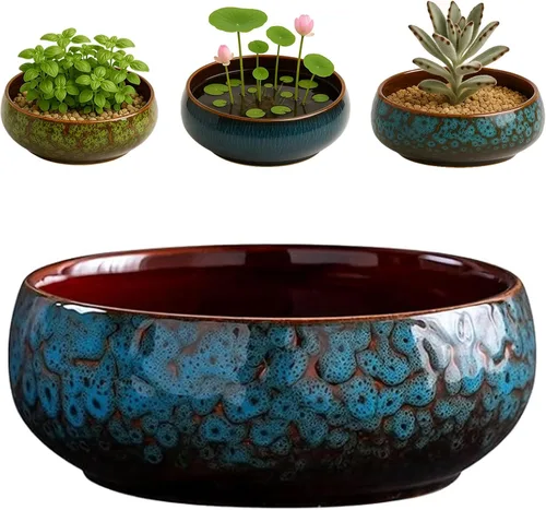 Vista 8 de Oncpcare Maceta en Forma de Tazón de Loto – Maceta de Cerámica para Plantas de Agua Sagradas, Bonsái, Flores de Loto, Jarrón Superficial