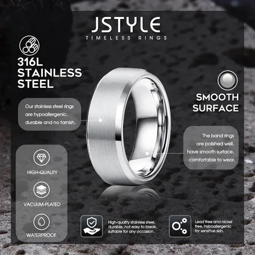 Vista 2 de Jstyle Anillos de acero inoxidable para hombres, anillo de boda, banda simple y genial, 0.315 in de ancho, 3