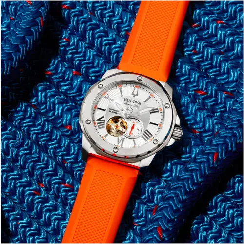 Vista 4 de Bulova Marine Star 'Series A' Reloj automático para hombre, con correa de silicona naranja, estilo 98A 226, anaranjado (Orange Strap), Reloj