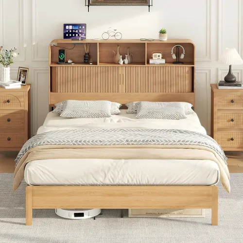 Vista 10 de Lxsxlome - Marco de cama individual con cabecera ondulada, cabecera de madera con 3 compartimentos de almacenamiento arqueados, plataforma de cama
