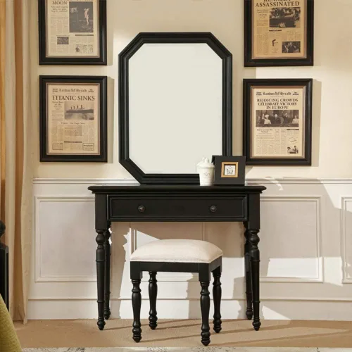 Vista 2 de URFORESTIC Taburete de tocador de madera de roble, moderno taburete de maquillaje con superficie de asiento cóncavo, capacidad de 300 libras, fácil