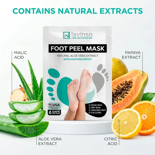 Vista 5 de Máscara exfoliante para pies Lavinso para pies secos y agrietados – Paquete de 2 mascarillas exfoliantes que eliminan la piel muerta y callos