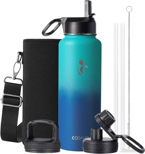 Vista 127 de Coolflask Botella de agua de 24 onzas aislada con pajilla, 3 tapas de metal de acero inoxidable, botella de agua de boca ancha para deportes u