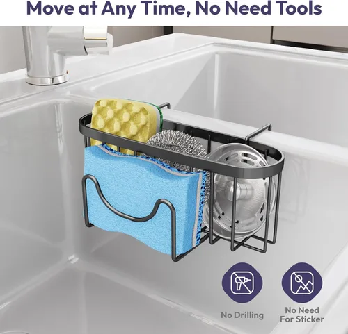 Vista 5 de SWTYMIKI Soporte de esponja para fregadero de cocina, organizador móvil para fregadero de cocina con gancho en forma de M, esponjas colgantes