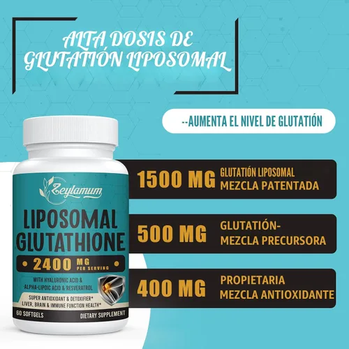 Vista 3 de Cápsulas blandas de glutatión liposomal de 2400 MG, absorción máxima, forma activa de L-glutatión reducido (GSH), con ácido hialurónico
