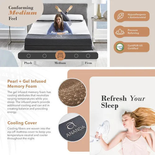 Vista 2 de Blissful Nights Ananda - Colchón de espuma viscoelástica con infusión de perlas y gel frío de 12 pulgadas con base de cama ajustable de primera