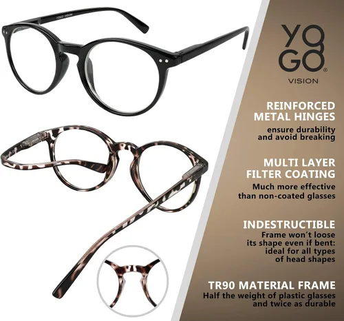 Vista 7 de Yogo Vision Gafas de lectura para mujeres y hombres, lentes de lectura con bloqueo de luz azul, redondos, color negro, cristal, gris leapord, marrón
