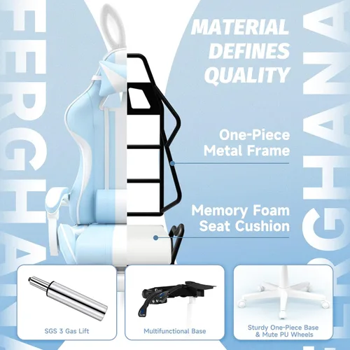 Vista 9 de Ferghana Kawaii - Silla de juegos azul claro con orejas de conejo, ergonómica y bonita silla para jugadores con reposapiés y masaje, silla