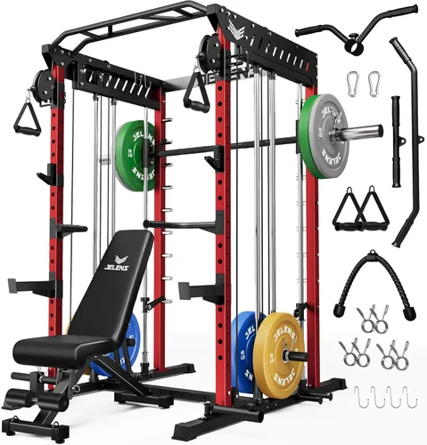 Vista 28 de JELENS M21 - Máquina Smith, jaula de potencia multifunción con sistema de cruce de cable de polea doble, banco de sentadillas todo en uno de 907 kg