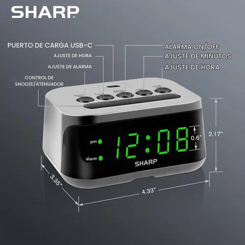 Vista 4 de Sharp Reloj despertador digital con puerto de carga USB-C súper rápido y pantalla LED verde