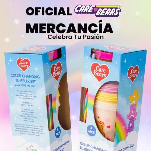 Vista 6 de Silver Buffalo Care Bears Corazones y Estrellas Juego de 4 Vasos de Plástico Cambian de Color con Popotes de Espiral Arcoíris con Tenderheart