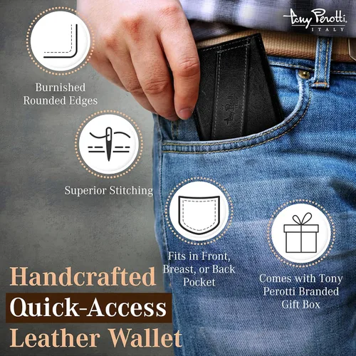 Vista 5 de Tony Perotti Billetera de piel italiana de acceso rápido para hombres, billetera RFID ultra delgada con deslizador de tarjeta desplegable y funda