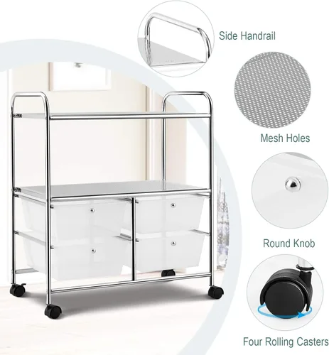 Vista 9 de RELAX4LIFE Carrito de almacenamiento rodante con 4 cajones y 2 estantes, organizador de archivos de papel con marco de metal para oficina en casa