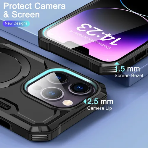 Vista 3 de Funda protectora completa para iPhone 13 Pro de 6.1 pulgadas, compatible con MagSafe, soporte invisible integrado y soporte de anillo, grado MIL