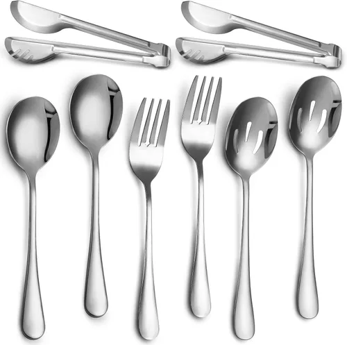 Vista 10 de Patelai Juego de 8 utensilios de acero inoxidable negro para servir, cucharas grandes de 8.7 pulgadas y cuchara ranurada, tenedores de 9.45