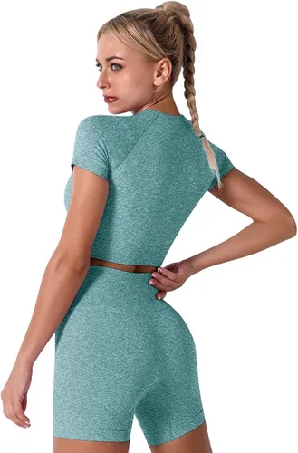 Vista 5 de Conjunto de yoga para mujer, sin costuras, pantalones cortos de ejercicio de cintura alta con brasier deportivo, 3 piezas, conjunto deportivo