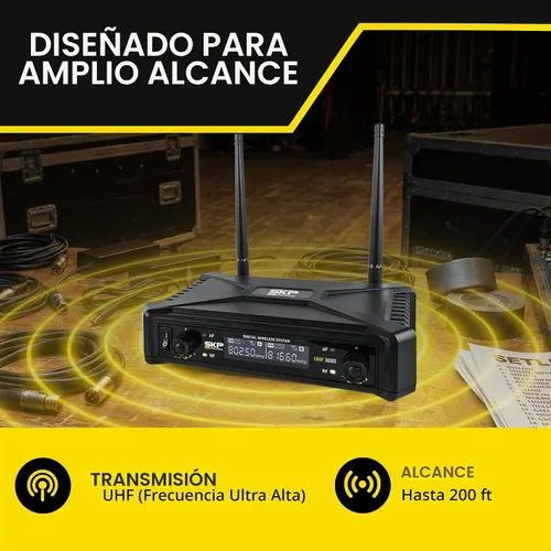 Vista 6 de SKP Pro Audio Sistema de micrófono inalámbrico UHF-300D - Micrófonos inalámbricos de mano dobles con baterías AA, rango de 200 pies, pantalla LCD
