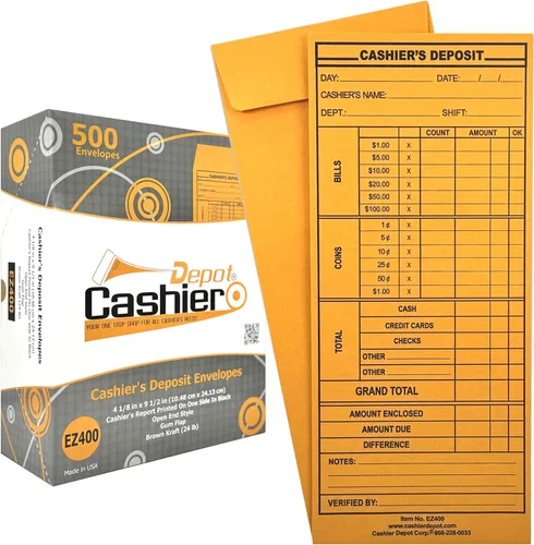 Vista 3 de 100 sobres para informe de depósito de cajero EZ400, 4 1/8 x 9 1/2 pulgadas, resistente 24 libras, sobres de efectivo para hoteles, restaurantes