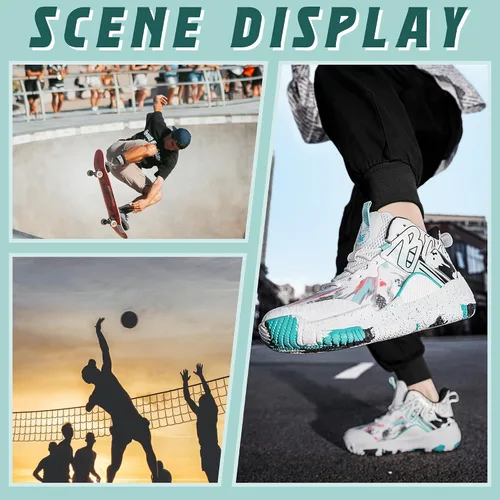 Vista 6 de Promenie Zapatos de baloncesto para hombre, antideslizantes, transpirables, para exteriores, zapatos de entrenamiento de graffiti de moda
