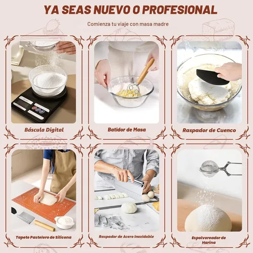Vista 6 de Kit de inicio de masa madre EWFEN con olla de hierro fundido esmaltada, suministros completos para hornear pan de masa madre, cestas de prueba