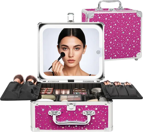 Vista 18 de Relavel - Bolsa de maquillaje con espejo LED, estuche de maquillaje para viajes en tren con espejo iluminado recargable y divisores ajustables Negro