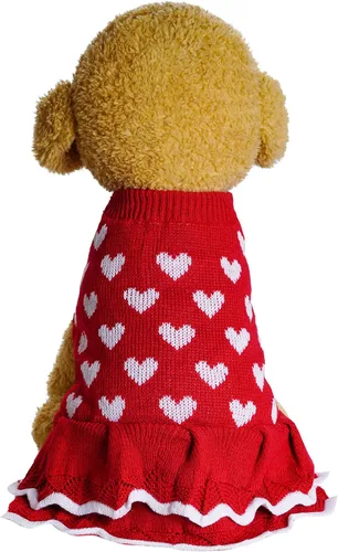 Vista 4 de Vestido de suéter para cachorro, San Valentín, Navidad, niña, rojo, invierno, cálido, vestido de princesa, prendas de punto, suéter para mascotas