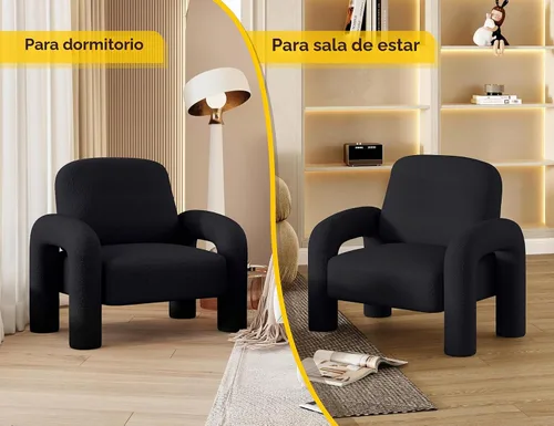 Vista 4 de Dewhut Silla moderna con acento Sherpa, sofá individual tapizado de estilo teddy, silla de lectura acogedora y esponjosa para sala de estar Negro