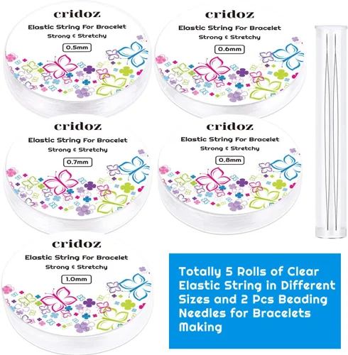Vista 2 de cridoz - Cuerda elástica para pulseras, 5 rollos de cuerda elástica transparente, cuerda elástica para joyería con 2 agujas de cuentas para cuentas