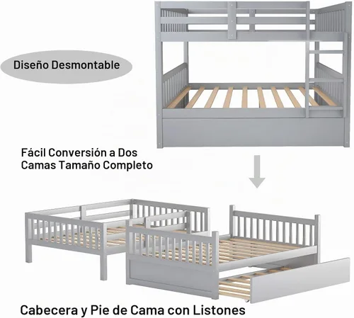 Vista 5 de Olela Litera de tamaño matrimonial sobre matrimonial con nido individual, marco de cama matrimonial de madera convertible con escalera de riel